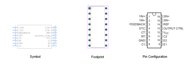 Fig 2 Symbol, footprint and pin configuration of TL494CN PWM controller